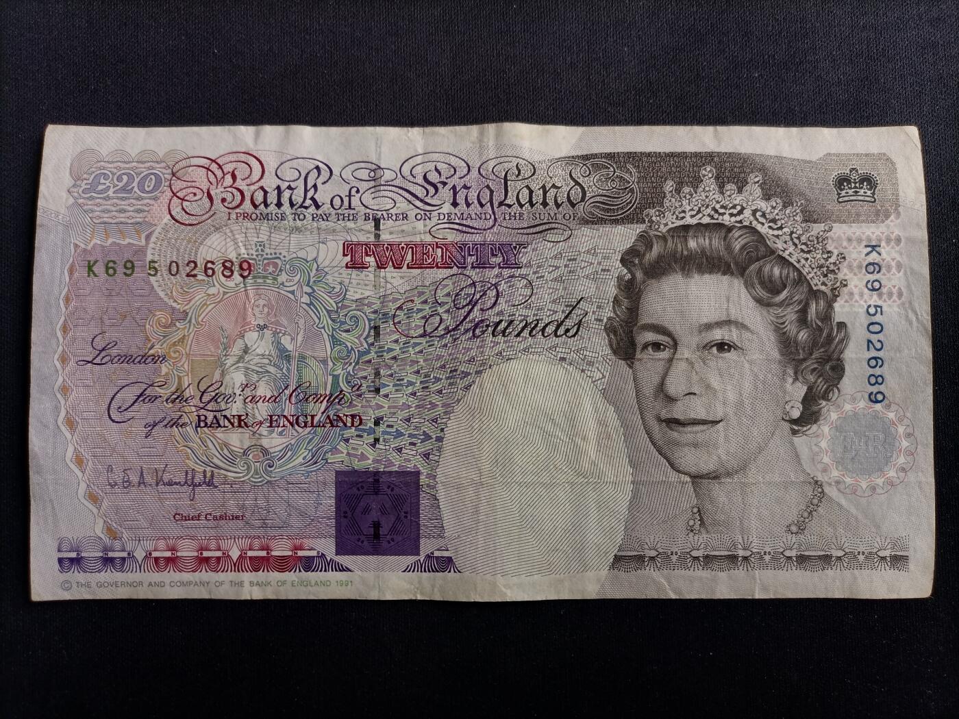 【游宝包邮场】马年第17期 精品单钞场 周日截拍 英国-20镑【1991版 E序列皇冠版 右上角皇冠非数字 钻石号 流通品相】