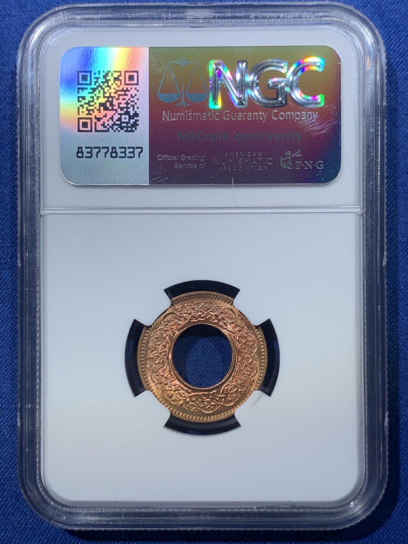 《竞宝斋》第476场 周日，周一 2场连拍 （全场包邮）欢迎送拍 NGC MS66RD 英属印度 1943年 1PICE 中孔铜币 亚军分