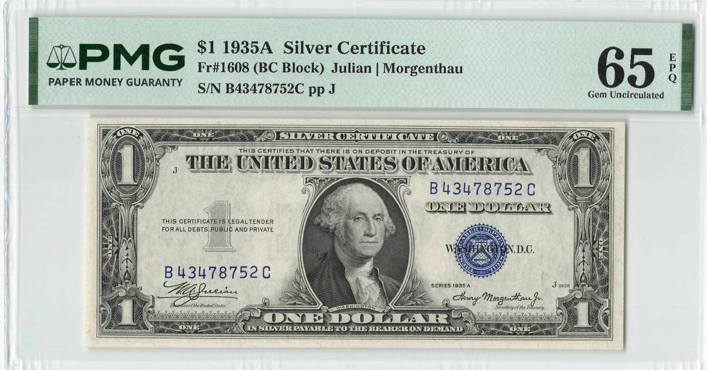 小福收藏拍卖第204期 评级币精选场 本期有 荷兰经典AA冠拿杯子的蛇 叙利亚世遗帕尔米拉古城豹子号冠军分 法国红衣主教冠军分 意大利经典达芬奇   白俄罗斯 "Millennium" 纪念版AA冠全同千位号全套  南斯拉夫铁托未发行版 美国 墨西哥 越南 法属印度支那等多国精美高分珍稀老钞精品纸币 美国 1935年 1美元 银币券 PMG65 EPQ