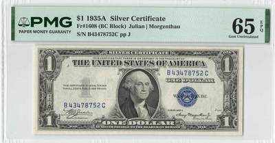 小福收藏拍卖第204期 评级币精选场 本期有 荷兰经典AA冠拿杯子的蛇 叙利亚世遗帕尔米拉古城豹子号冠军分 法国红衣主教冠军分 意大利经典达芬奇   白俄罗斯 "Millennium" 纪念版AA冠全同千位号全套  南斯拉夫铁托未发行版 美国 墨西哥 越南 法属印度支那等多国精美高分珍稀老钞精品纸币 - 美国 1935年 1美元 银币券 PMG65 EPQ