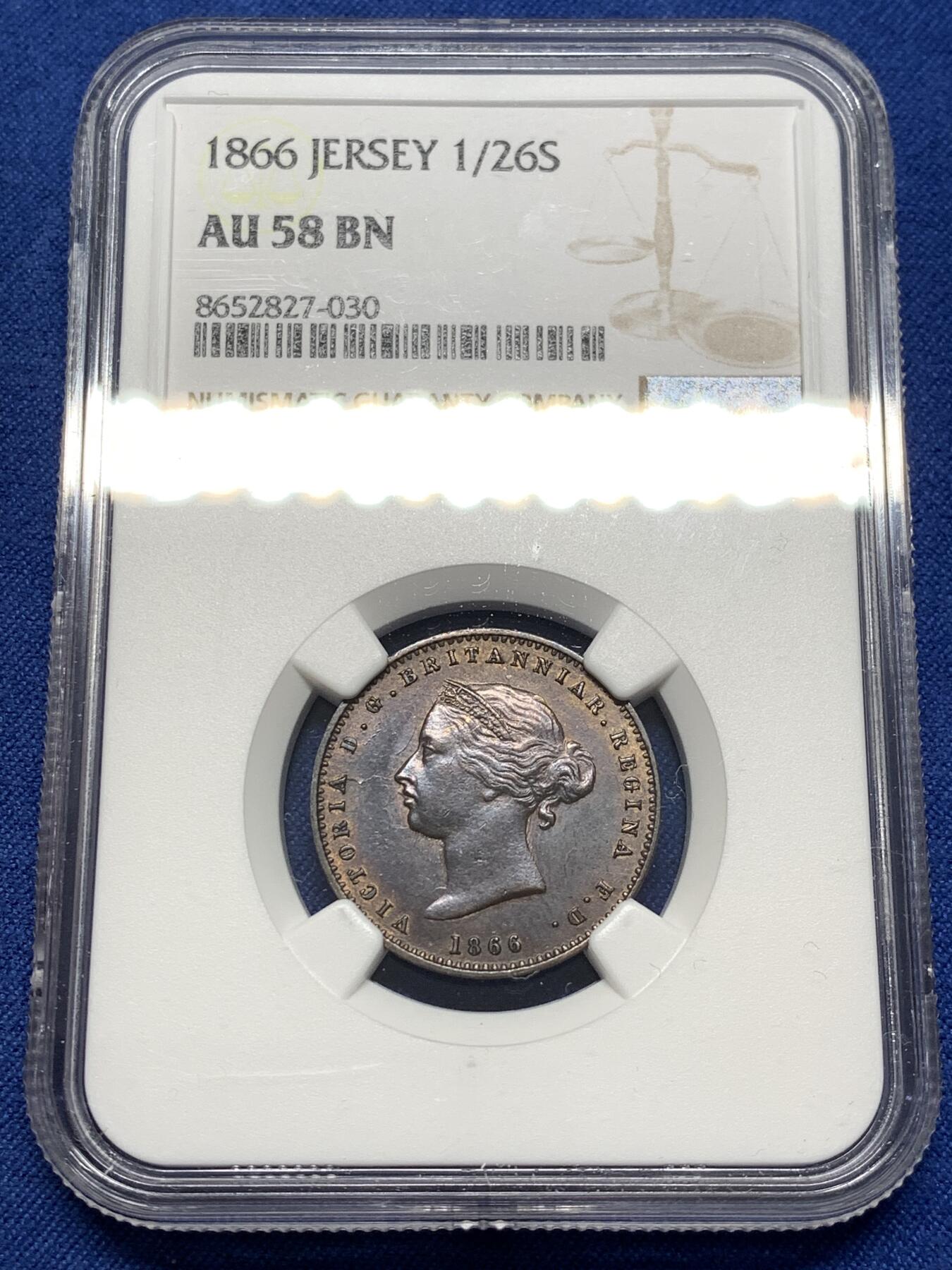 《竞宝斋》第476场 周日，周一 2场连拍 （全场包邮）欢迎送拍 NGC AU58BN 英属泽西岛1866年1/26先令铜币