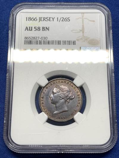 《竞宝斋》第476场 周日，周一 2场连拍 （全场包邮）欢迎送拍 - NGC AU58BN 英属泽西岛1866年1/26先令铜币