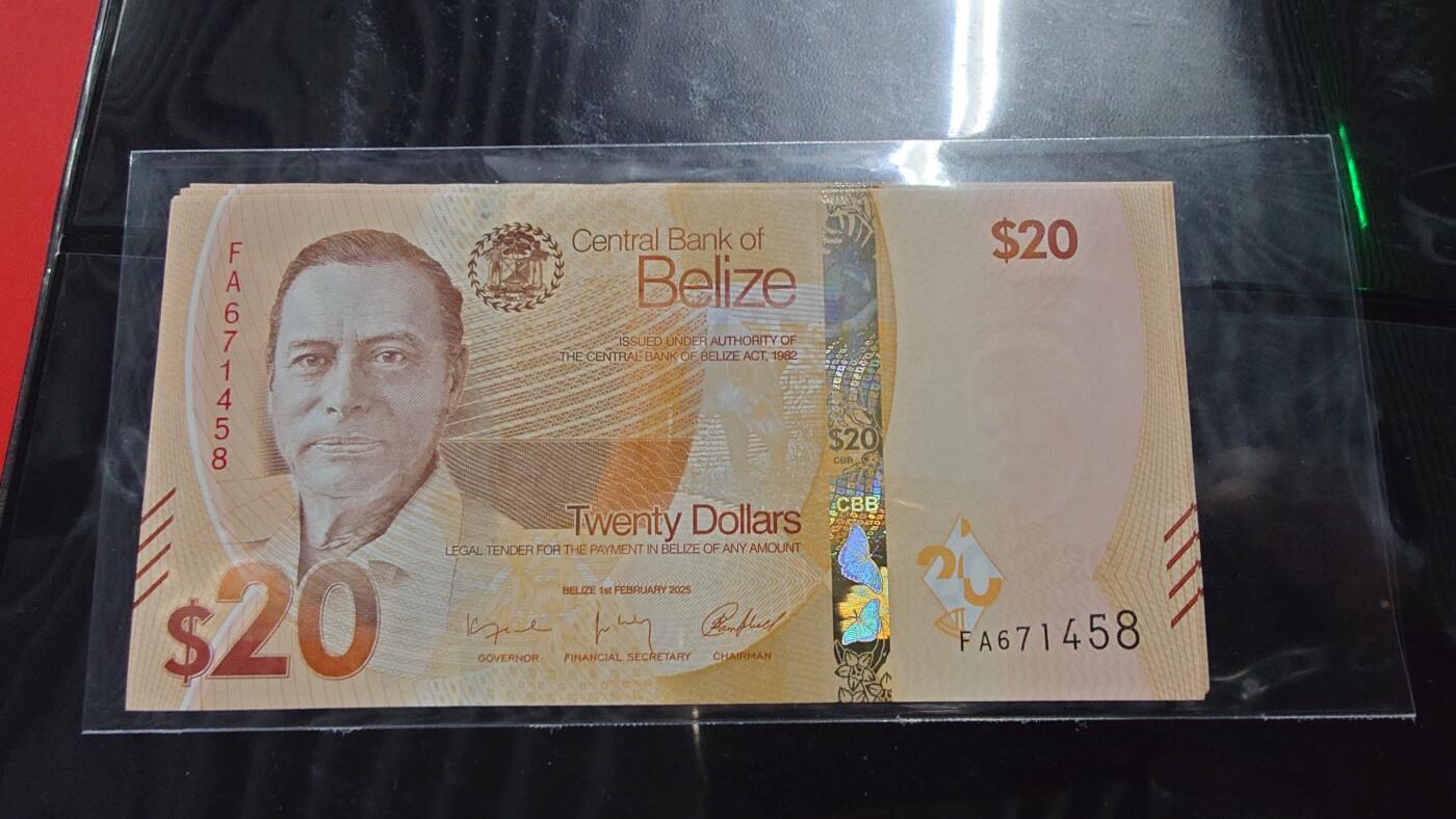 世界钱币～微拍第242期暨2026年第23期  老库存每款各1-2张清仓低价起拍 2025年伯利兹20元首发冠 全新绝品尾号458