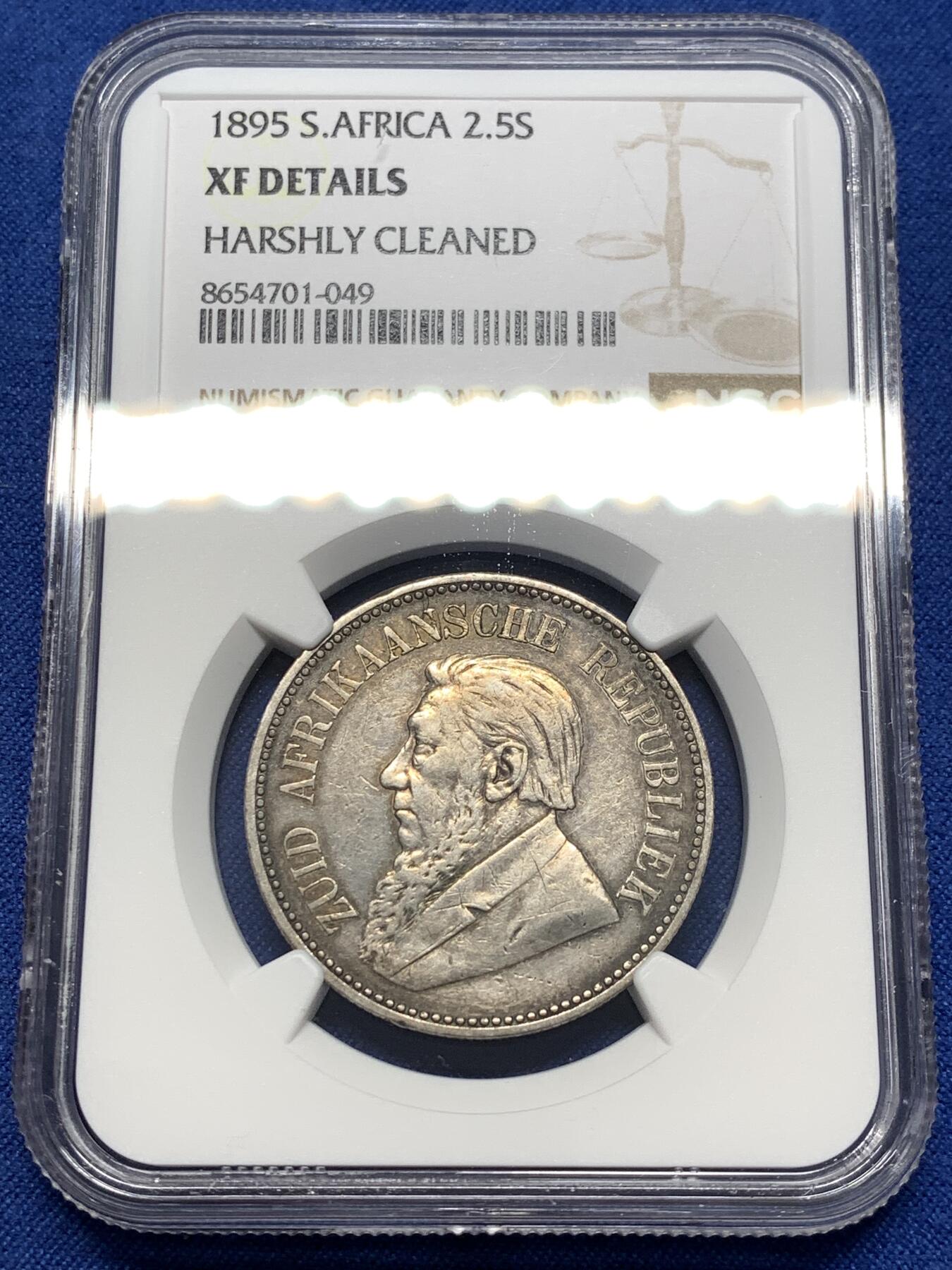 《竞宝斋》第476场 周日，周一 2场连拍 （全场包邮）欢迎送拍 NGC XFD 南非德兰士瓦1896年克鲁格总统2.5先令银币 标签年份错误