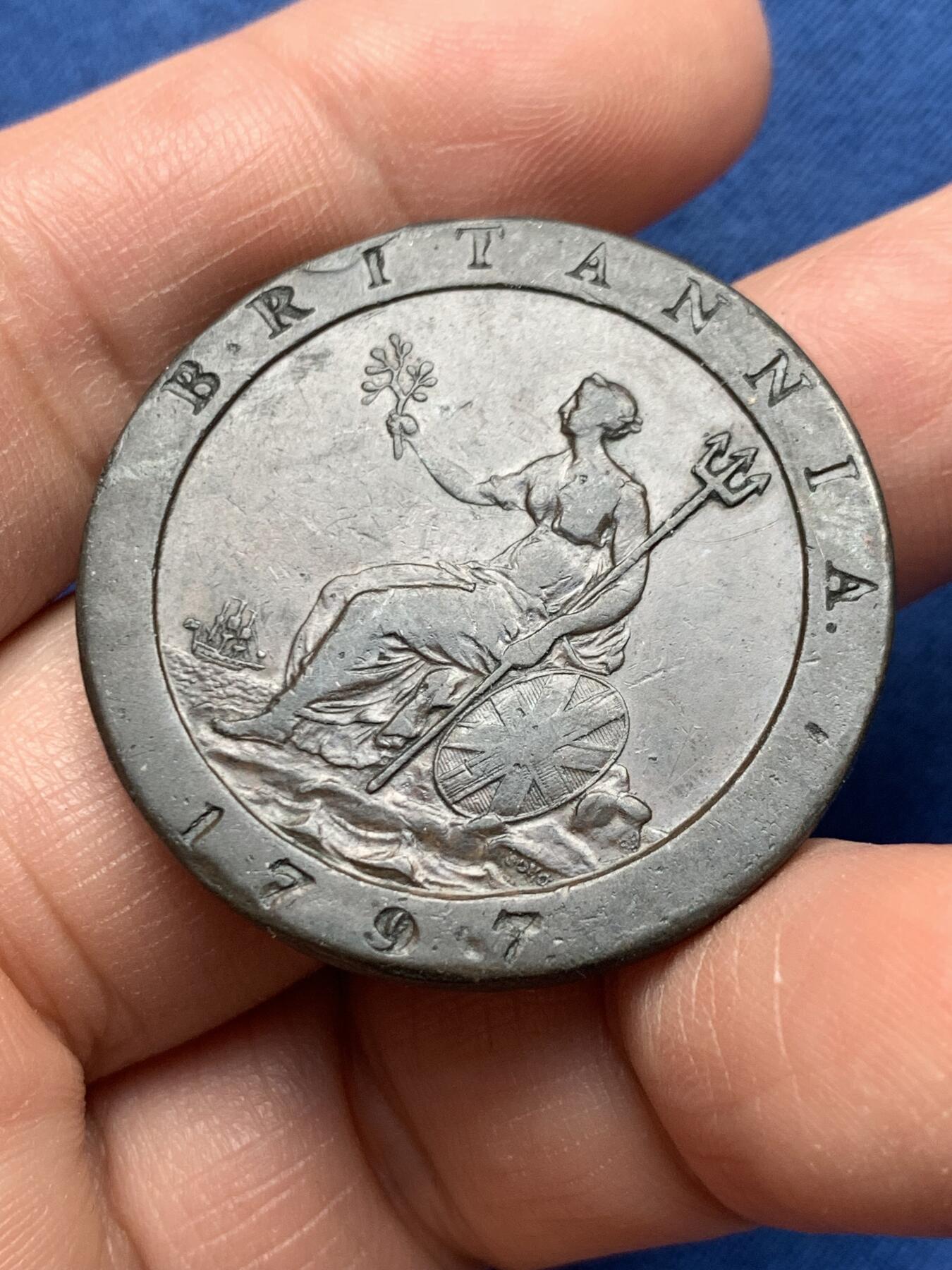 《竞宝斋》第476场 周日，周一 2场连拍 （全场包邮）欢迎送拍 英国1797年乔治三世车轮1便士铜币