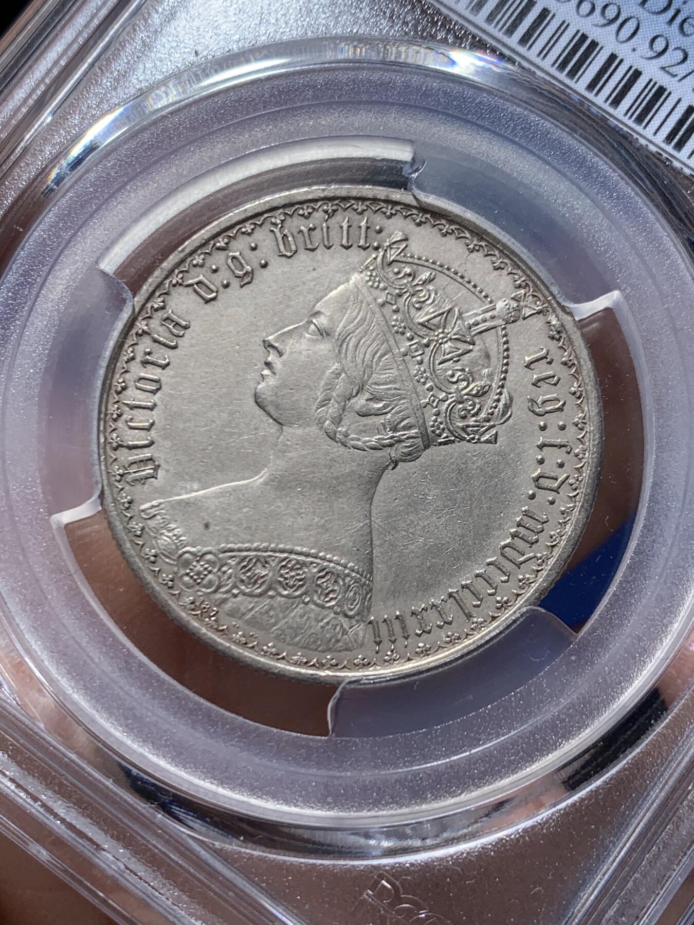 《竞宝斋》第476场 周日，周一 2场连拍 （全场包邮）欢迎送拍 NGC AUD 英国1873哥特弗洛林，少见年份，一流状态细节，AU92过于严苛