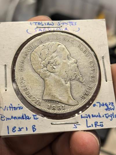 博洋堂世界钱币拍卖第167期（全场包邮） - 意大利撒丁王国1851年伊曼纽尔二世5里拉银币，热那亚造币厂铸造，罕见品种