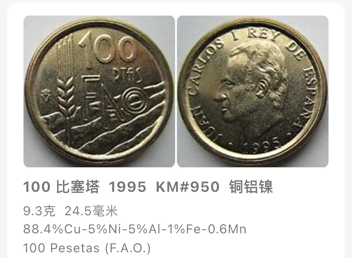回流0406 西班牙1995年100比塞塔FAO纪念币