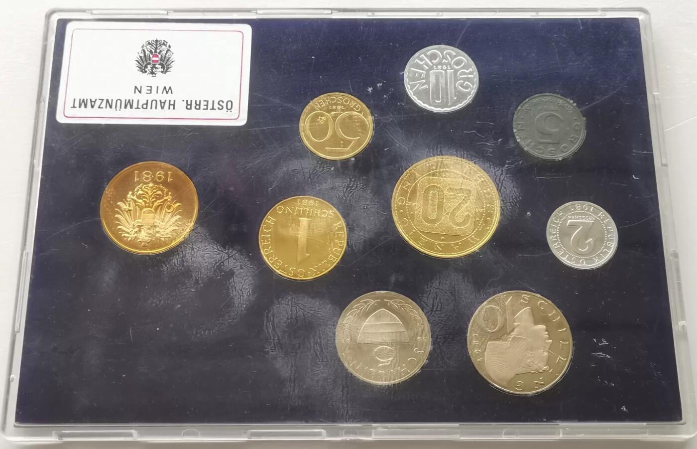 精品币专拍场 原装Proof 奥地利1981年清年份精制硬币8枚套币2格罗申-20先令+章