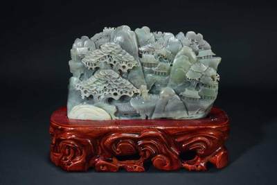 上海都达杂项专场六十七【全场包邮】 - 天然和田玉精雕《松山高士图》摆件连座95-262