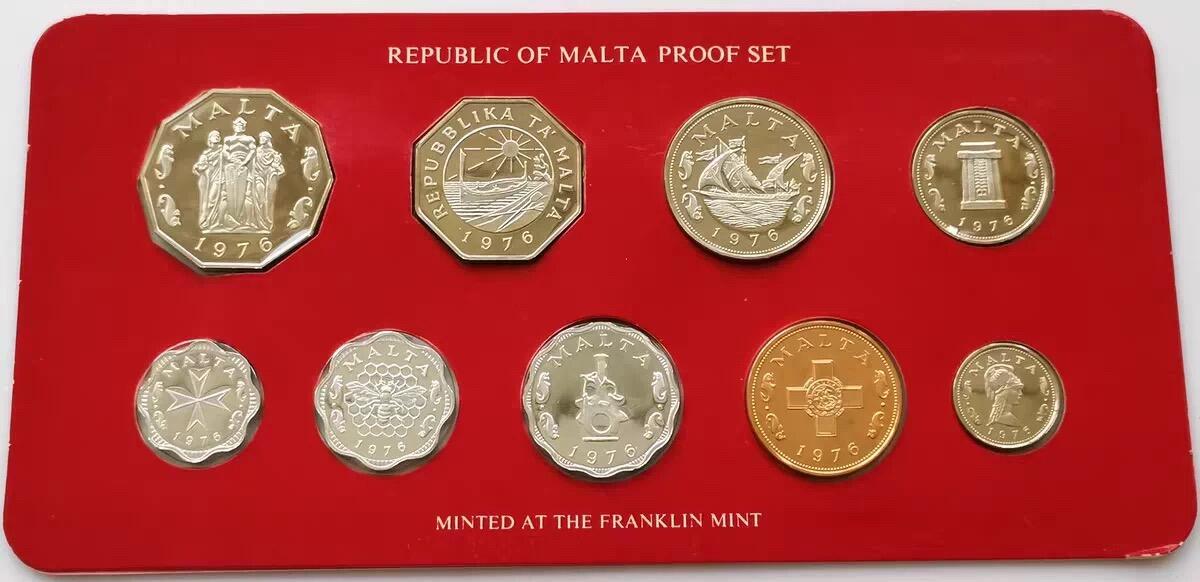 精品币专拍场 原盒证Proof-2 马耳他1976年精制硬币9枚套币全套1-2-3-5-10-50分