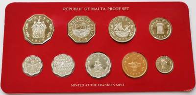 精品币专拍场 - 原盒证Proof-2 马耳他1976年精制硬币9枚套币全套1-2-3-5-10-50分