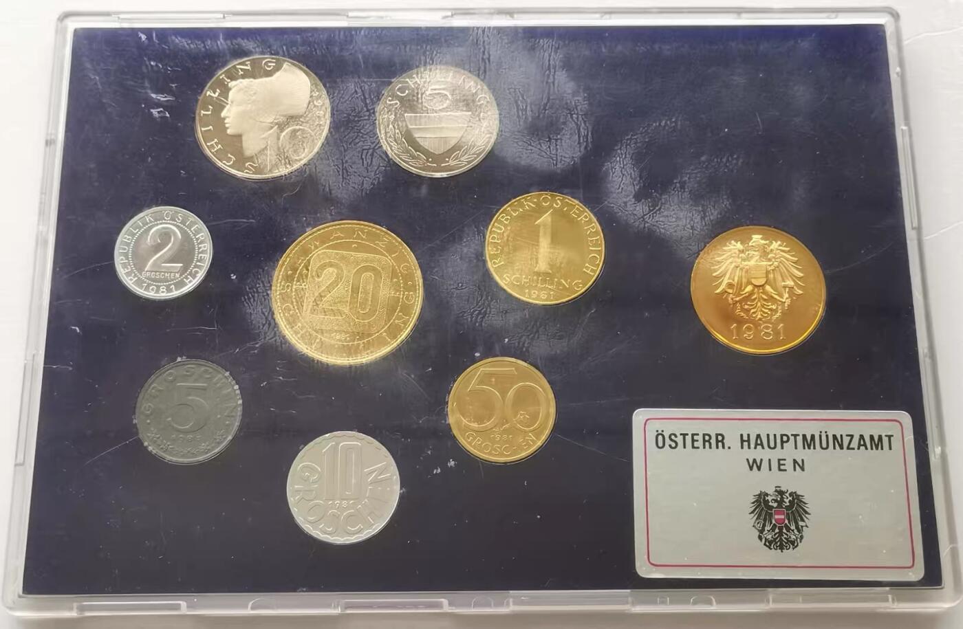 精品币专拍场 原装Proof 奥地利1981年清年份精制硬币8枚套币2格罗申-20先令+章
