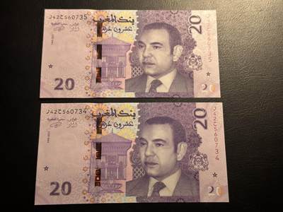 丙午马年四月第一场 。本期更新了稀有大革命纸币 - 摩洛哥20，品相unc，2连号！