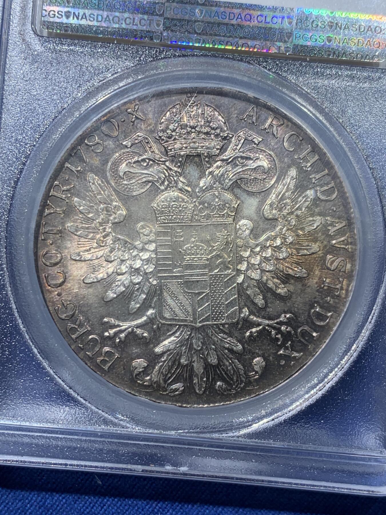 《竞宝斋》第476场 周日，周一 2场连拍 （全场包邮）欢迎送拍 PCGS MS64 奥匈帝国大奶妈银币 原味五彩 加厚盒 比较早期的后铸