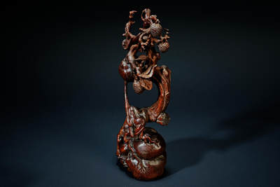 上海都达杂项专场103【全场包邮】  清代老黄杨木精雕《硕果累累》摆件95-6