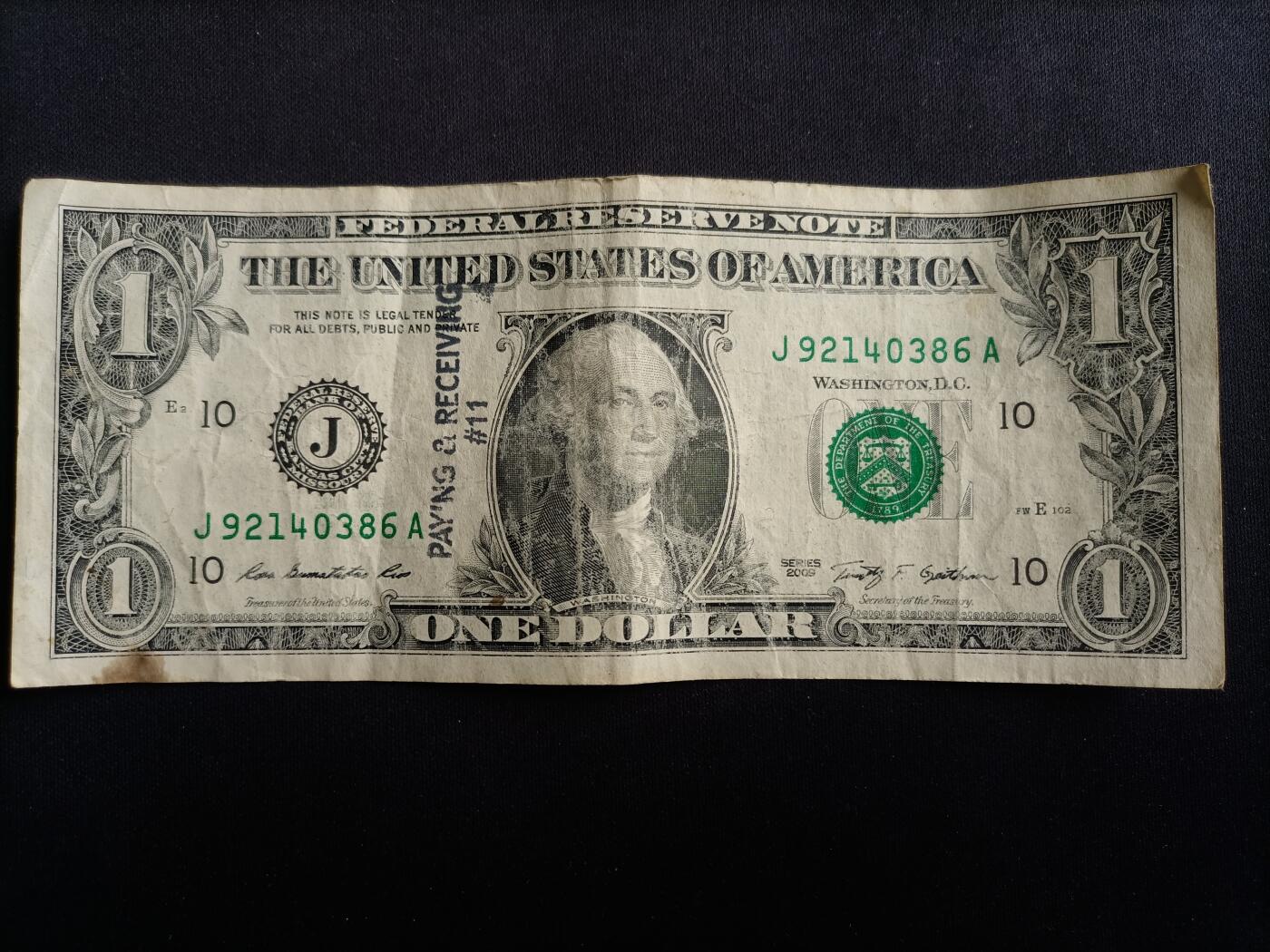 【游宝包邮场】马年第17期 精品单钞场 周日截拍 美国-1美元【SERIES-2009 J-堪萨斯 左侧加印 PAYING & RECEIVING 性质未知】