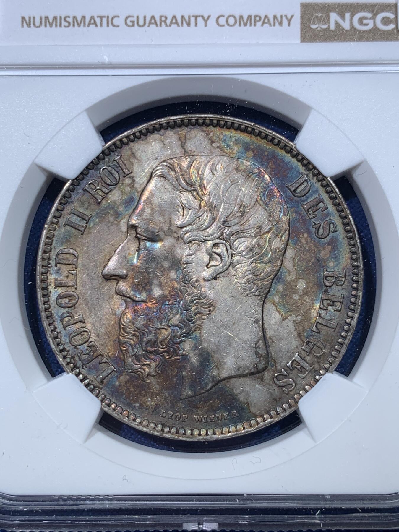 《竞宝斋》第476场 周日，周一 2场连拍 （全场包邮）欢迎送拍 NGC MS62 比利时 1870年 利奥波德二世5法郎银币 五彩包浆 光感不错