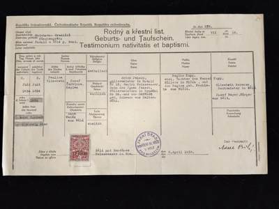 凯旋世界勋赏（第23期）（欢迎送拍）（对拍品有疑问请询问客服，不接受到手刀，出价默认拍品品相。请认真阅读拍卖规则！出价默认已认可！）（收到货请录制开箱视频，无视频概不处理问题。） - 捷克斯洛伐克共和国 保琳·伊丽莎白·雅克什（安东·鲍尔的母亲）的出生与洗礼证明 于1938年签发