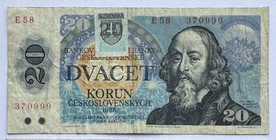 2026第6场（总第233期）：精品外钞、塑料钞靓号场  - 豹子号999/贴票币 捷克斯洛伐克1988年版20克朗（品如图）