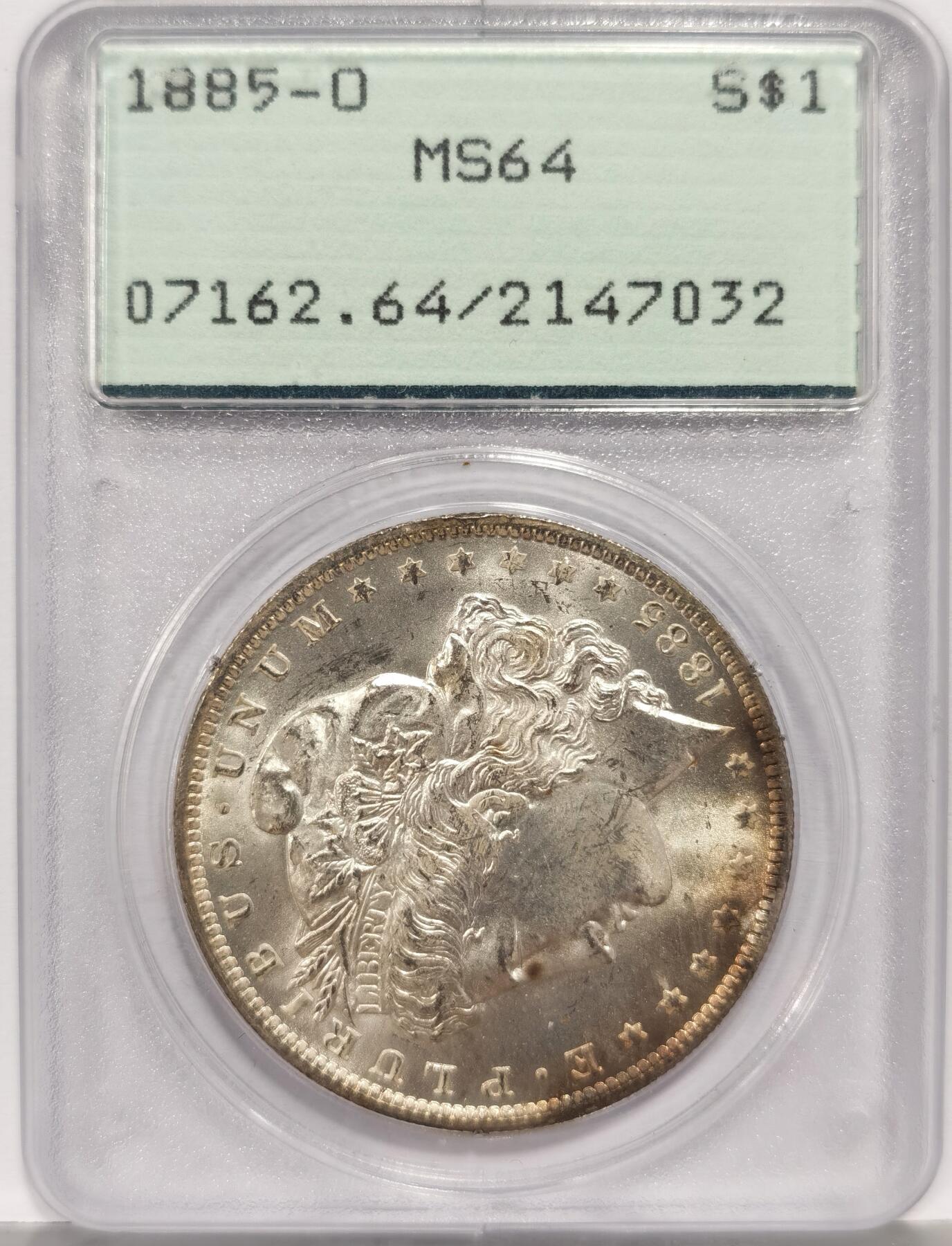 博洋堂世界钱币拍卖第167期（全场包邮） PCGS MS64 美国1885年O版摩根银币，少见早期rattler摇摇乐盒子