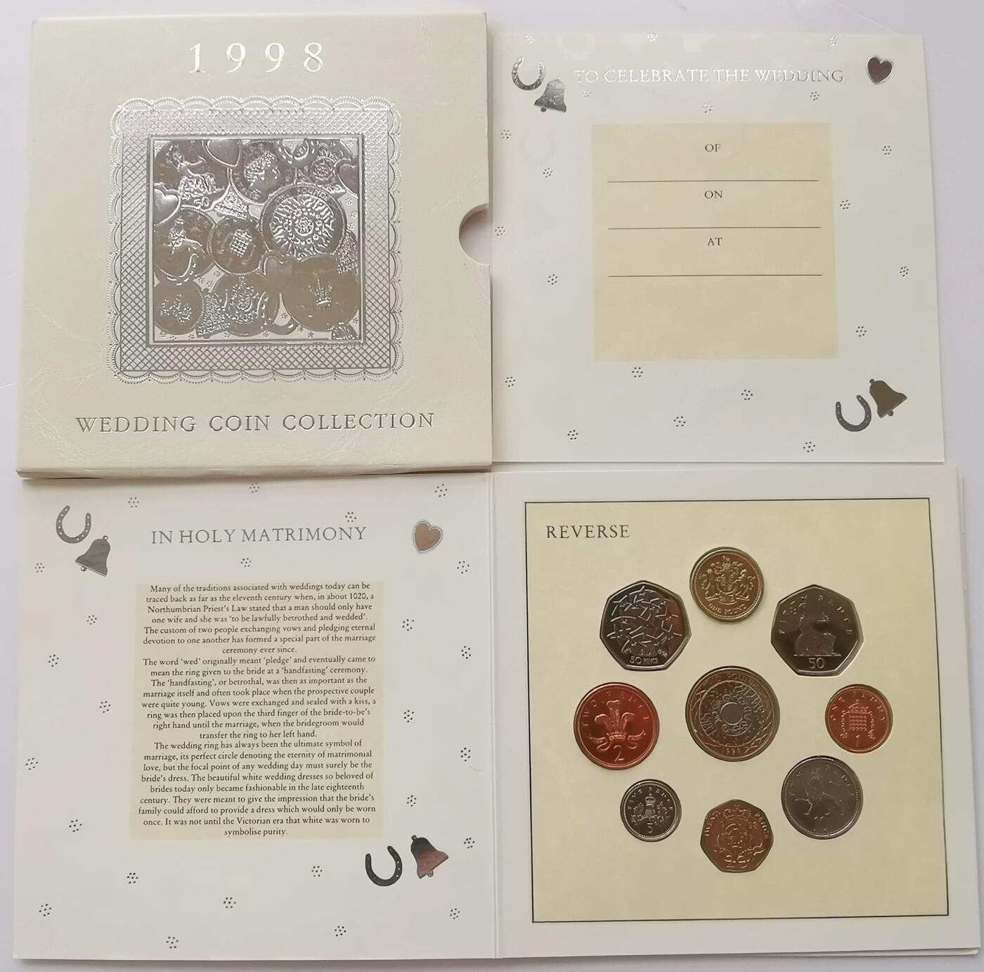 精品币专拍场 原装卡册-婚礼版 英国1998年硬币9枚套币 1便士-2镑纪念币 女王头