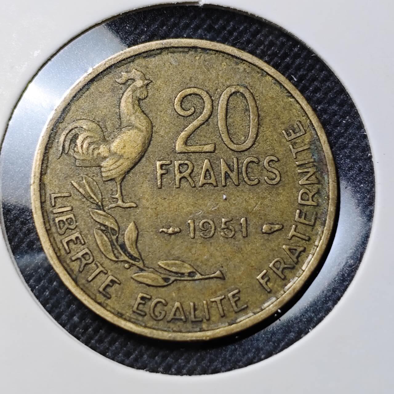 KK钱币收藏小铺  第412期 2月预留时间 周末发货 1951法国20法郎 