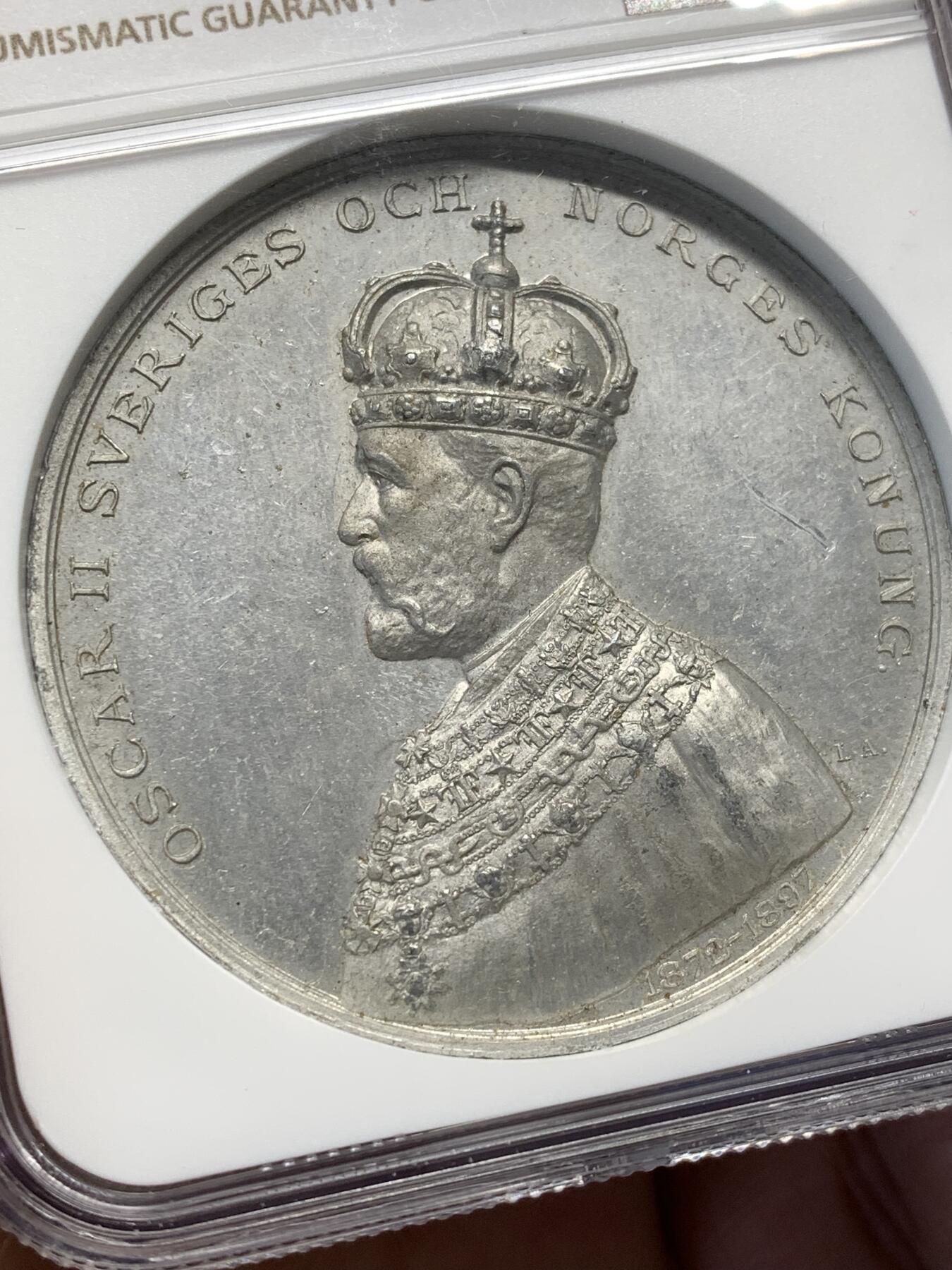 《竞宝斋》第476场 周日，周一 2场连拍 （全场包邮）欢迎送拍 NGC UNCD 瑞典斯德哥尔摩世博会纪念章 WM材质 正面为国王奥斯卡二世侧像 45mm 加厚盒