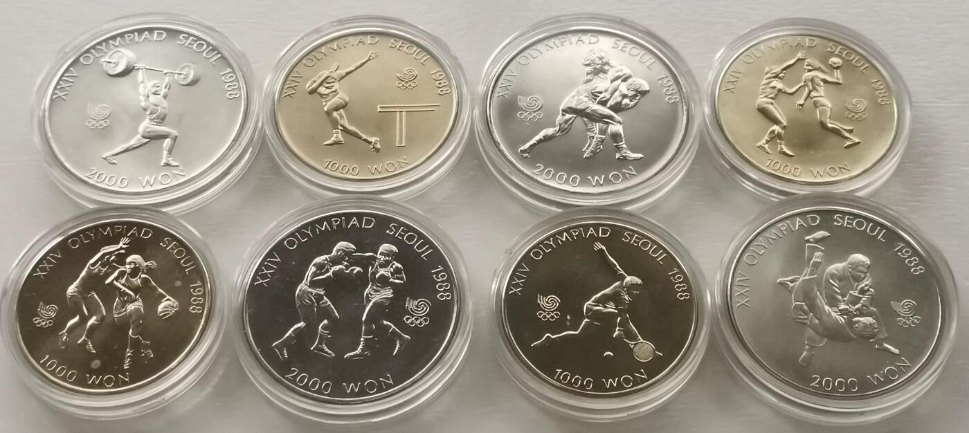 精品币专拍场 原盒 韩国1988年1000+2000元汉城奥运会纪念币8枚全套UNC铜镍硬币