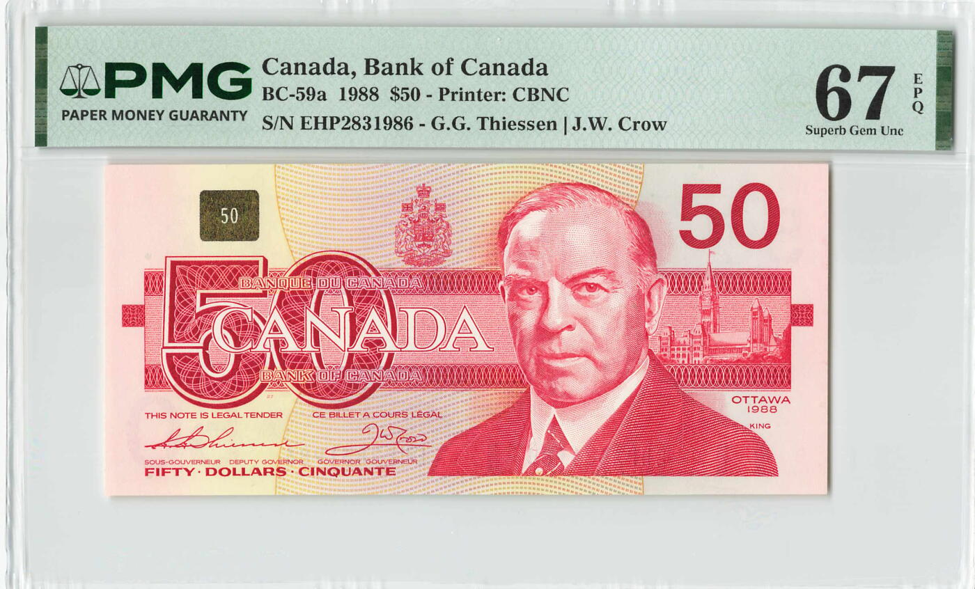 小福收藏拍卖第204期 评级币精选场 本期有 荷兰经典AA冠拿杯子的蛇 叙利亚世遗帕尔米拉古城豹子号冠军分 法国红衣主教冠军分 意大利经典达芬奇   白俄罗斯 "Millennium" 纪念版AA冠全同千位号全套  南斯拉夫铁托未发行版 美国 墨西哥 越南 法属印度支那等多国精美高分珍稀老钞精品纸币 加拿大 1988年 50元 鸟版 a版 无47 尾年份号 PMG67 EPQ 季军分