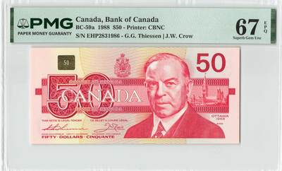 小福收藏拍卖第204期 评级币精选场 本期有 荷兰经典AA冠拿杯子的蛇 叙利亚世遗帕尔米拉古城豹子号冠军分 法国红衣主教冠军分 意大利经典达芬奇   白俄罗斯 "Millennium" 纪念版AA冠全同千位号全套  南斯拉夫铁托未发行版 美国 墨西哥 越南 法属印度支那等多国精美高分珍稀老钞精品纸币 - 加拿大 1988年 50元 鸟版 a版 无47 尾年份号 PMG67 EPQ 季军分