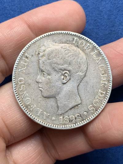 《竞宝斋》第476场 周日，周一 2场连拍 （全场包邮）欢迎送拍 - 西班牙 1898年 阿方索少年头5比塞塔银币