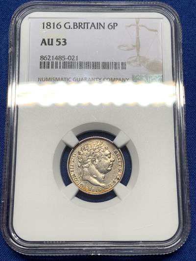 《竞宝斋》第476场 周日，周一 2场连拍 （全场包邮）欢迎送拍 - NGC AU53 英国1816年6便士银币，乔治三世，底板干净，头像清晰