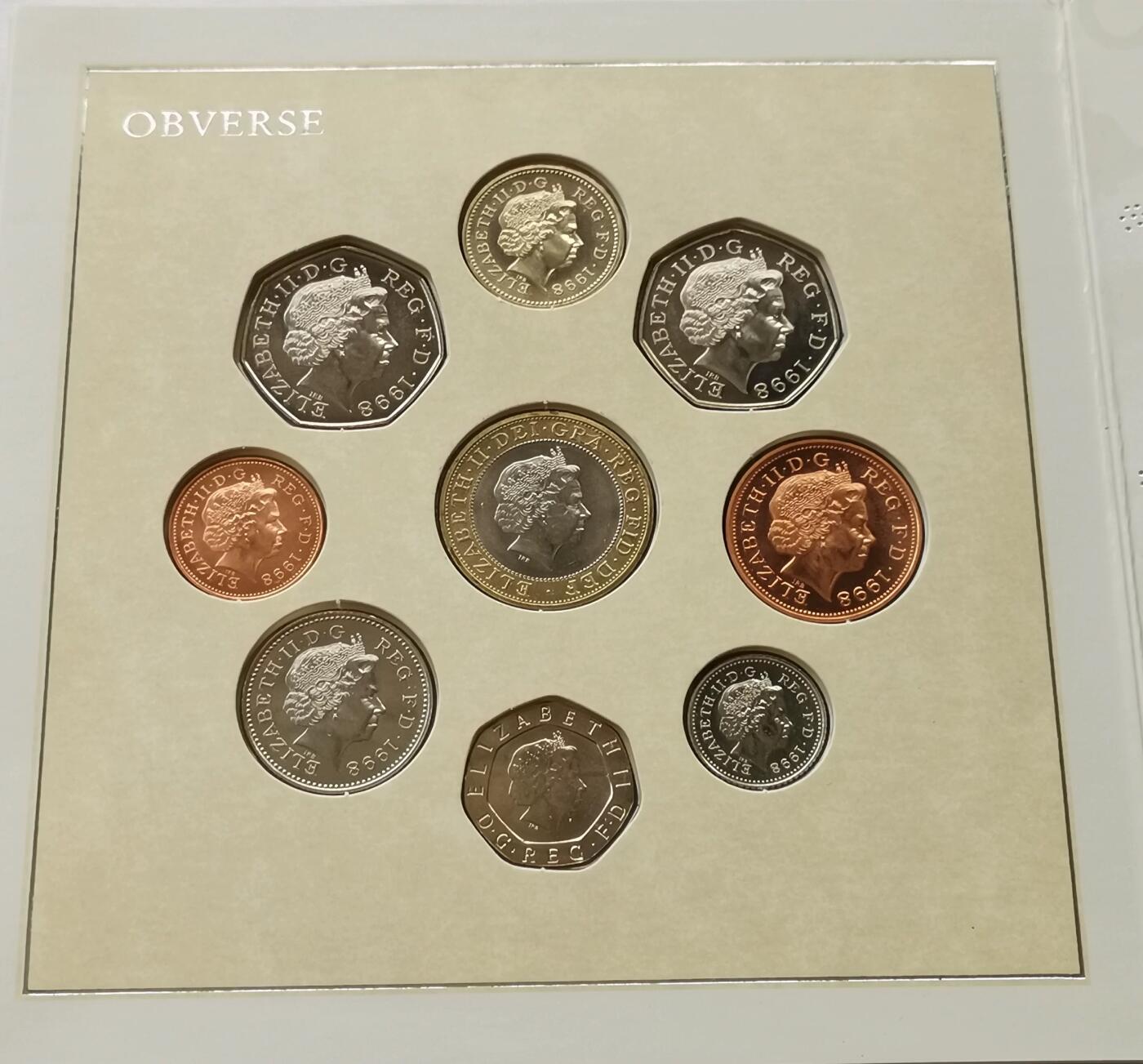 精品币专拍场 原装卡册-婚礼版 英国1998年硬币9枚套币 1便士-2镑纪念币 女王头