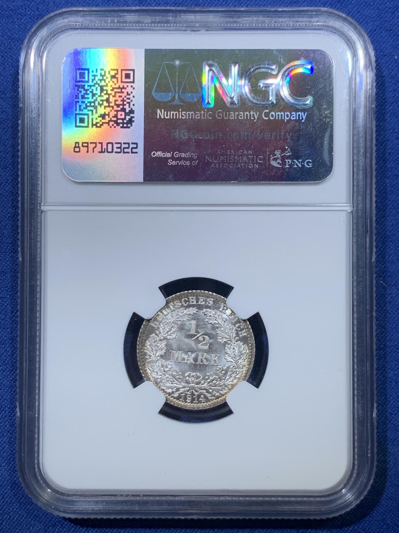 《竞宝斋》第476场 周日，周一 2场连拍 （全场包邮）欢迎送拍 NGC MS67 德国1914年1/2马克银币 A厂铭