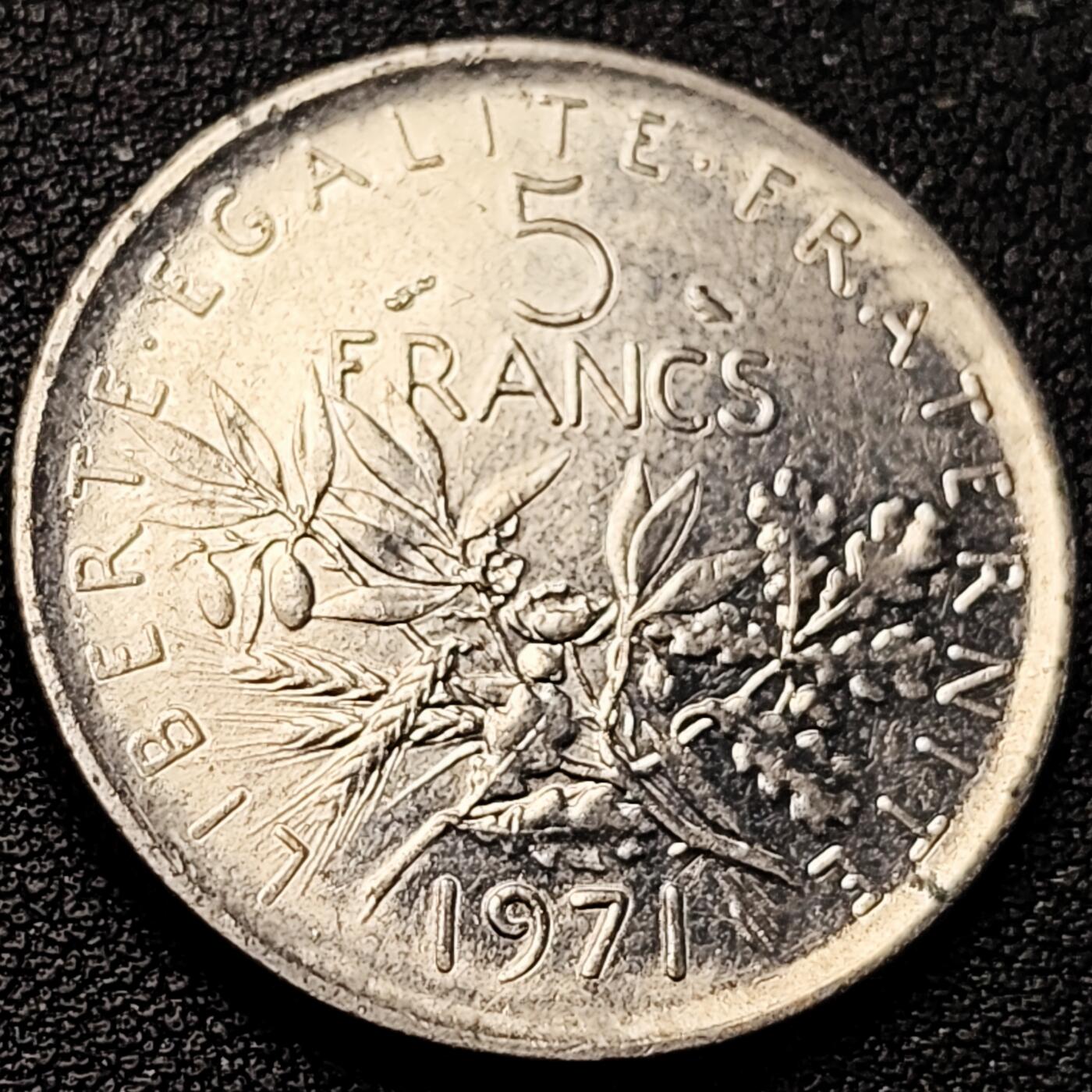 泉币菌-第218场-拍品多 请提前出价 法国早期（1971年）5法郎大镍币 29MM 播种女神 入欧前末版 绝版币