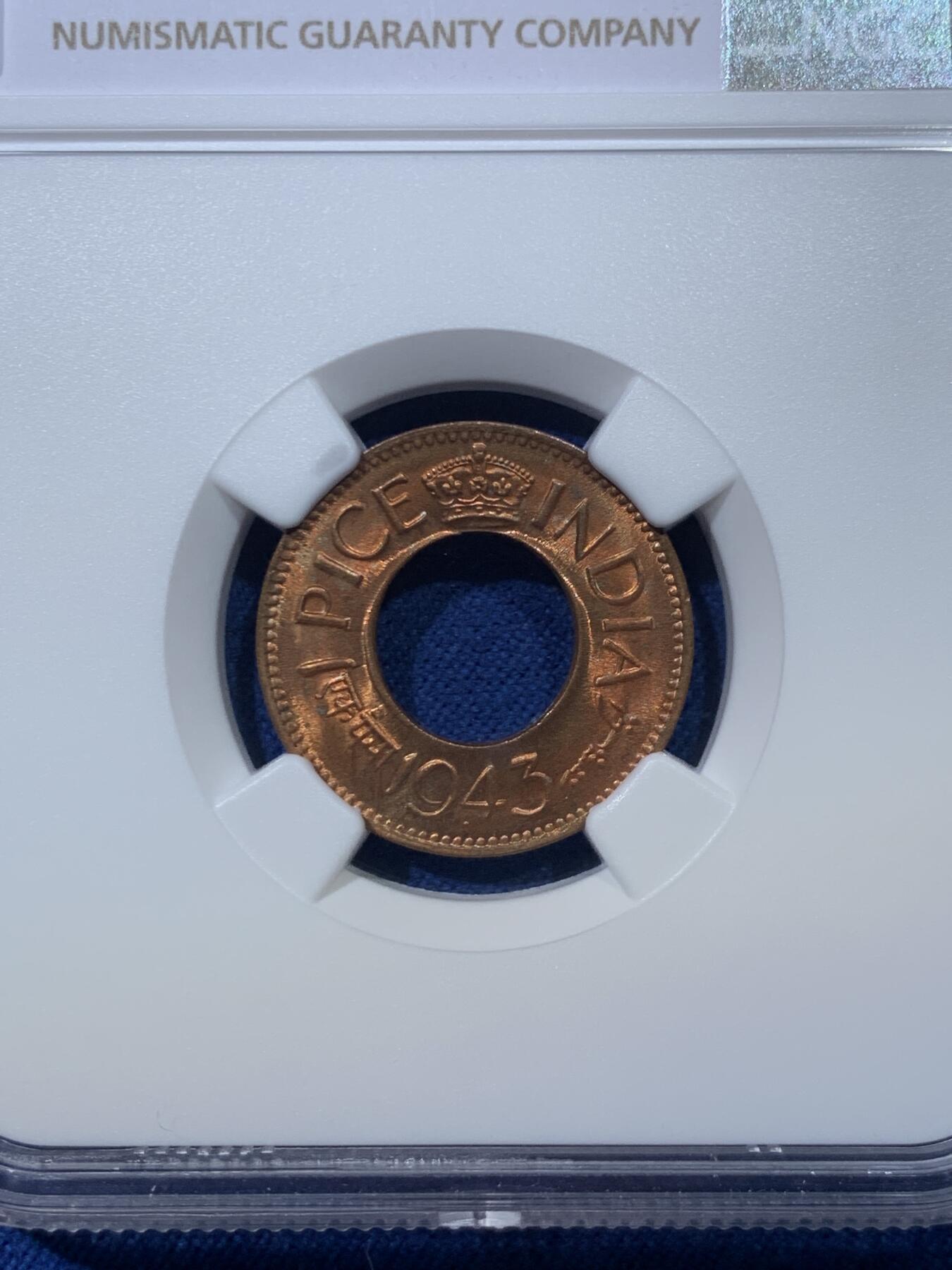 《竞宝斋》第476场 周日，周一 2场连拍 （全场包邮）欢迎送拍 NGC MS66RD 英属印度 1943年 1PICE 中孔铜币 亚军分