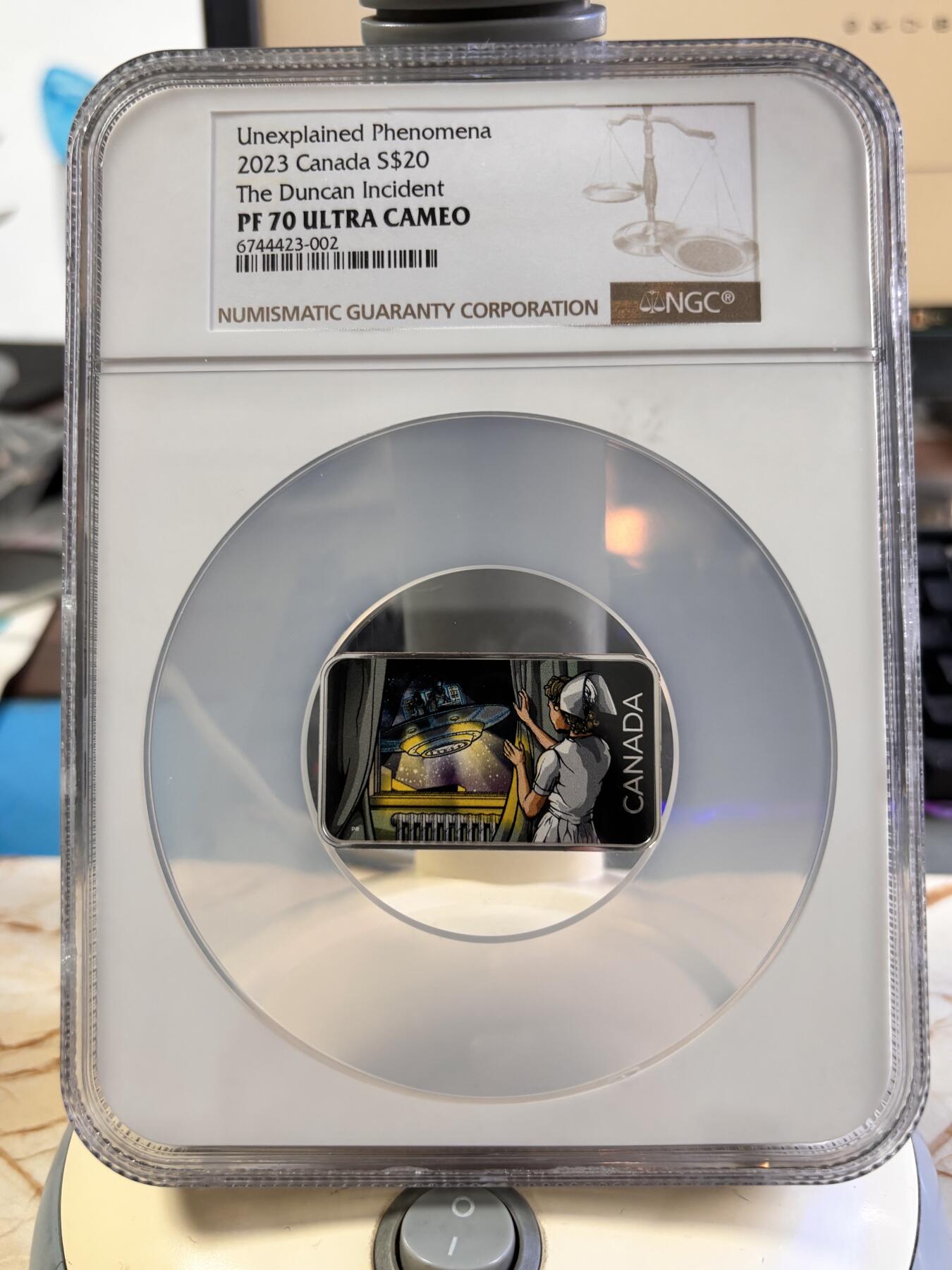 第196期拍卖 加拿大2023年UFO不明飞行物邓肯事件银币NGC-PF70，9999银，发行7500枚