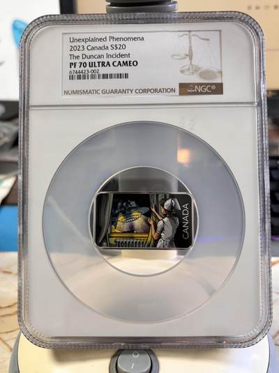 第196期拍卖 - 加拿大2023年UFO不明飞行物邓肯事件银币NGC-PF70，9999银，发行7500枚