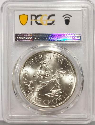 博洋堂“生趣盎然”4月精品专场暨第169期（全场包邮） PCGS MS67 英属百慕大1959年伊丽莎白二世发现百慕大350周年1克朗纪念银币-2