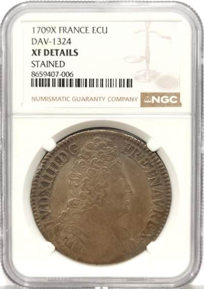 博洋堂世界钱币拍卖第167期（全场包邮） - NGC XF 法国1709年太阳王路易十四埃居大银币，通体原味包浆，无减重痕