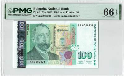 小福收藏拍卖第204期 评级币精选场 本期有 荷兰经典AA冠拿杯子的蛇 叙利亚世遗帕尔米拉古城豹子号冠军分 法国红衣主教冠军分 意大利经典达芬奇   白俄罗斯 "Millennium" 纪念版AA冠全同千位号全套  南斯拉夫铁托未发行版 美国 墨西哥 越南 法属印度支那等多国精美高分珍稀老钞精品纸币 - 保加利亚 2003年 100列弗 AA冠 无47 百位号 PMG66 EPQ 季军分