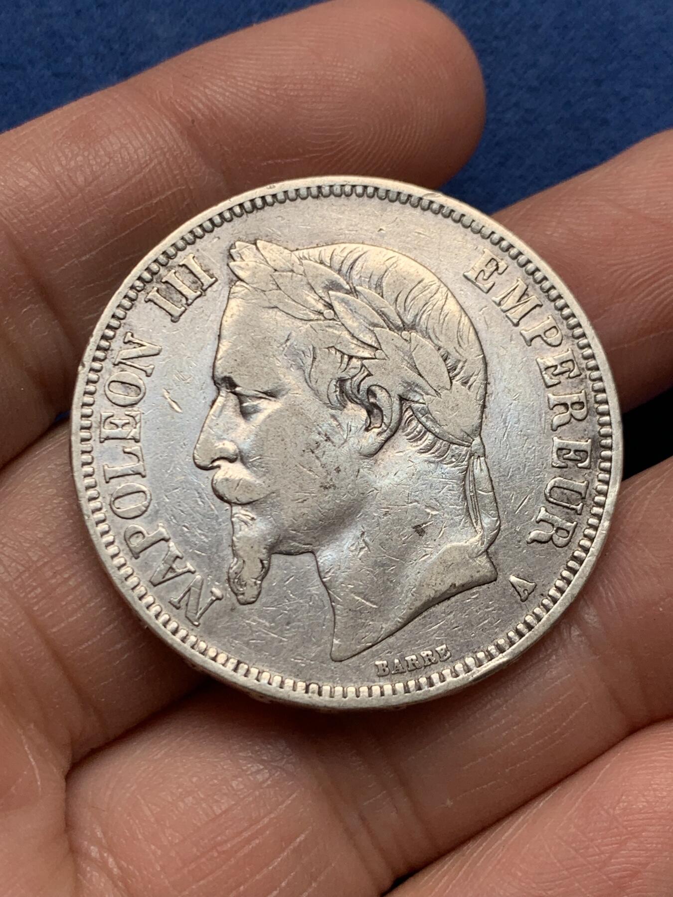 《竞宝斋》第476场 周日，周一 2场连拍 （全场包邮）欢迎送拍 法国1869年拿破仑三世5法郎银币