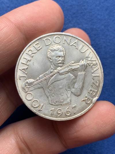 《竞宝斋》第476场 周日，周一 2场连拍 （全场包邮）欢迎送拍 - 奥地利1967年蓝色多瑙河圆舞曲百年纪念50先令纪念银币，光度不错，20克，900银