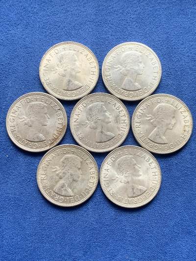 《竞宝斋》第476场 周日，周一 2场连拍 （全场包邮）欢迎送拍 - 七枚一组 澳大利亚1960年维多利亚二世1弗罗林银币 500银 总重约79.2克