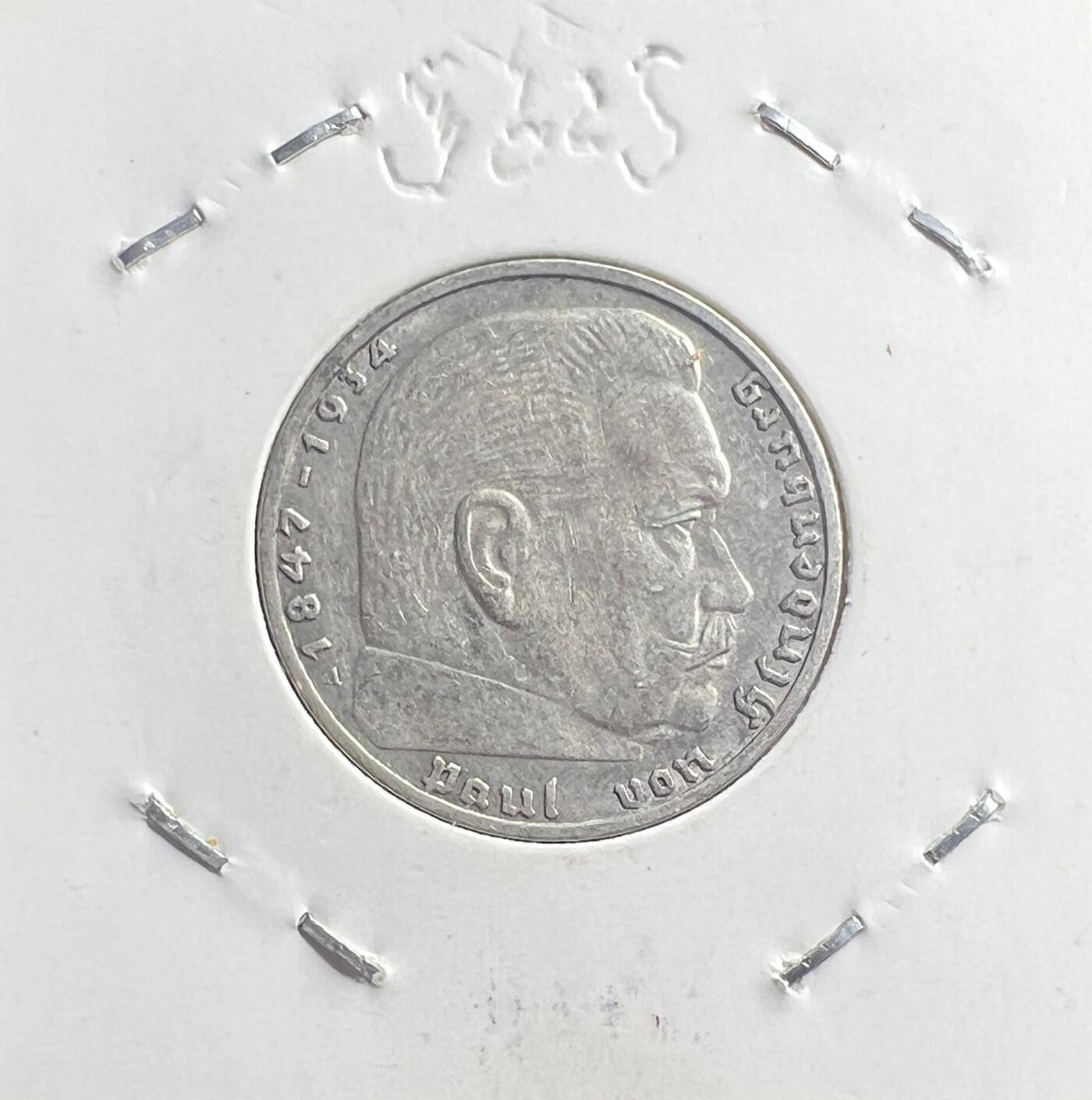 1938 年纳粹德国 2 马克银币 兴登堡版 第三帝国 62.5% 银 保真流通美品