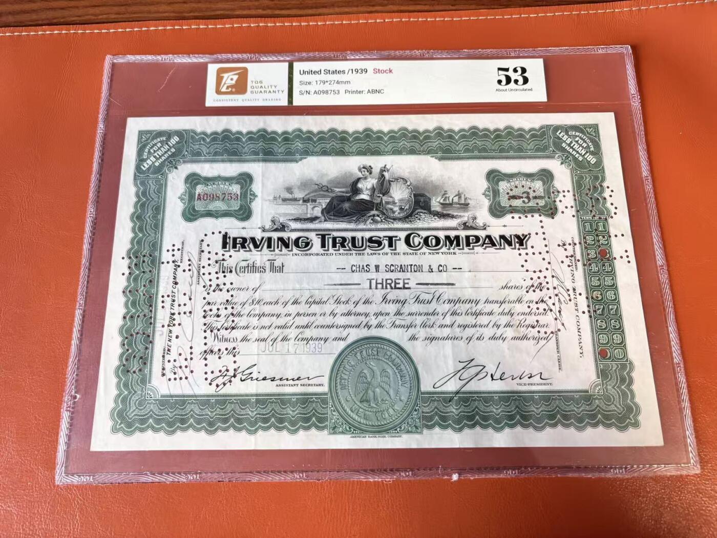 【Blue Auction】世界纸币精拍第802期——18级TOP拍卖/信誉/品质/专业/高效💫  【一组4张】美国 1939-68年 大票幅 雕版印刷股票一组 TQG58-53