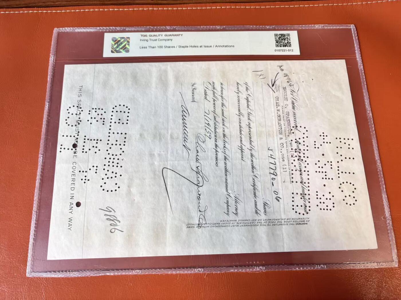 【Blue Auction】世界纸币精拍第802期——18级TOP拍卖/信誉/品质/专业/高效💫  【一组4张】美国 1939-68年 大票幅 雕版印刷股票一组 TQG58-53