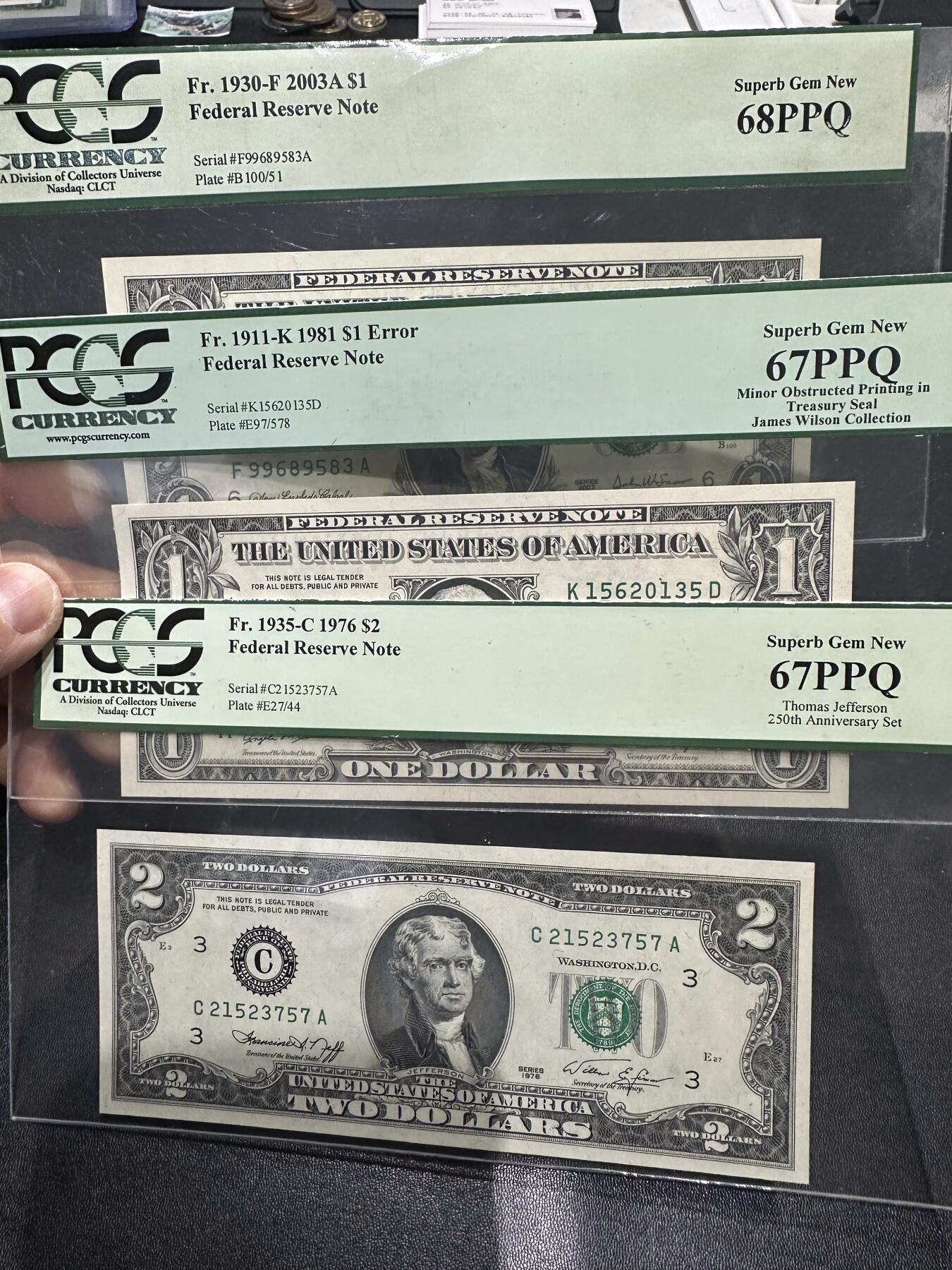 《外钞收藏家》第六百二十三期（精选场）（长期征集拍品、欢迎藏友们联系合作） 美国1和2美元 3张一起 PCGS绿标 有2张还是是名家收藏