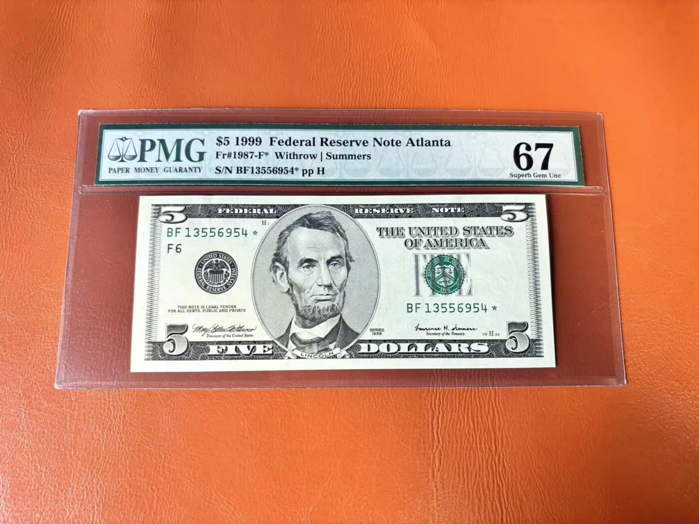 【Blue Auction】世界纸币精拍第802期——18级TOP拍卖/信誉/品质/专业/高效💫  【补号】美国 1999年5美金 PMG67EPQ 